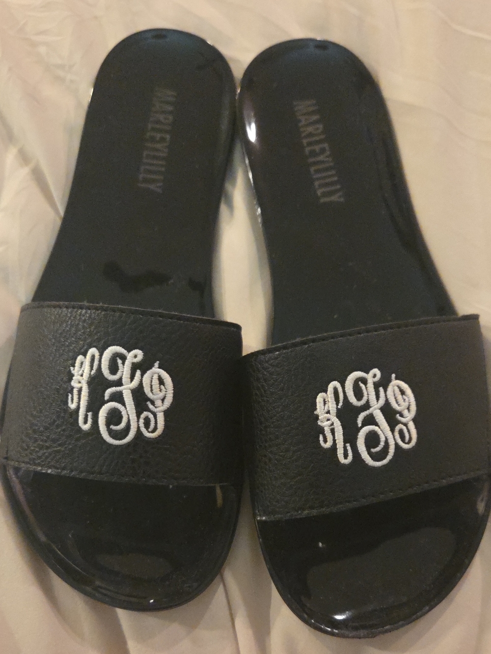 Black Slide Sandals with White Monogram Embroidery KFP